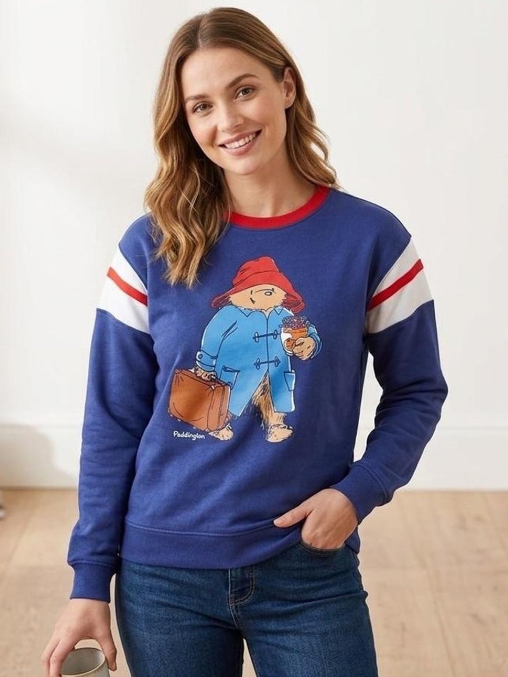 Navy Paddington Bear Crewneck Sweater with Red Trim